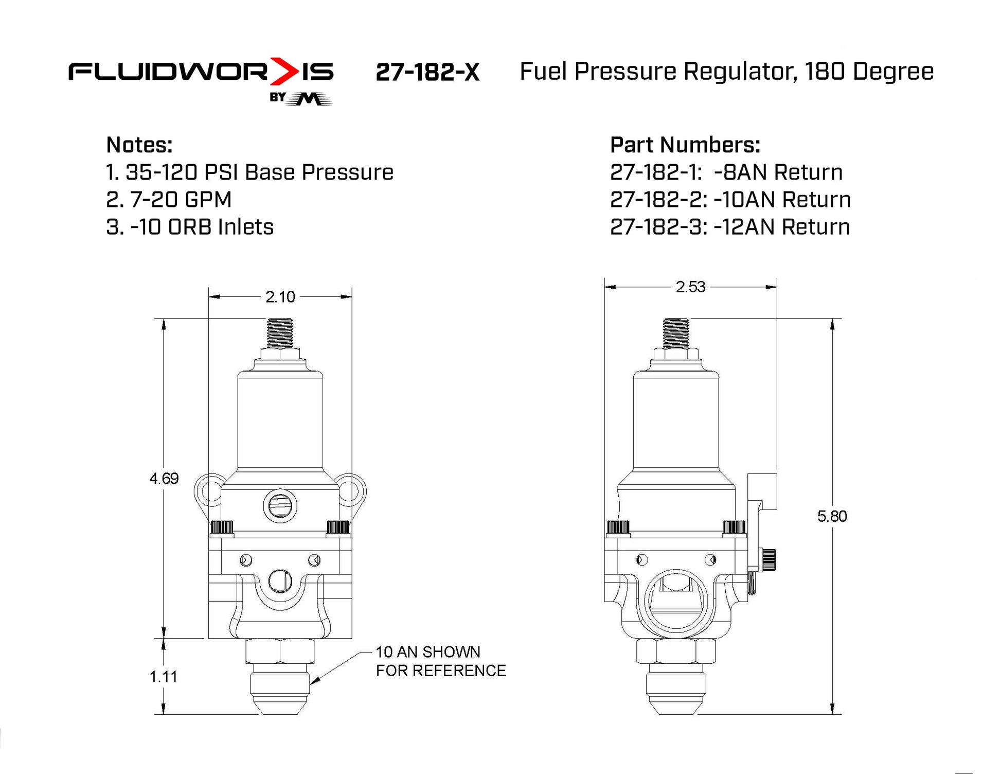 Fluidworks 7-20 GPM Fuel Pressure Regulator 180 Degree - Motion Raceworks
