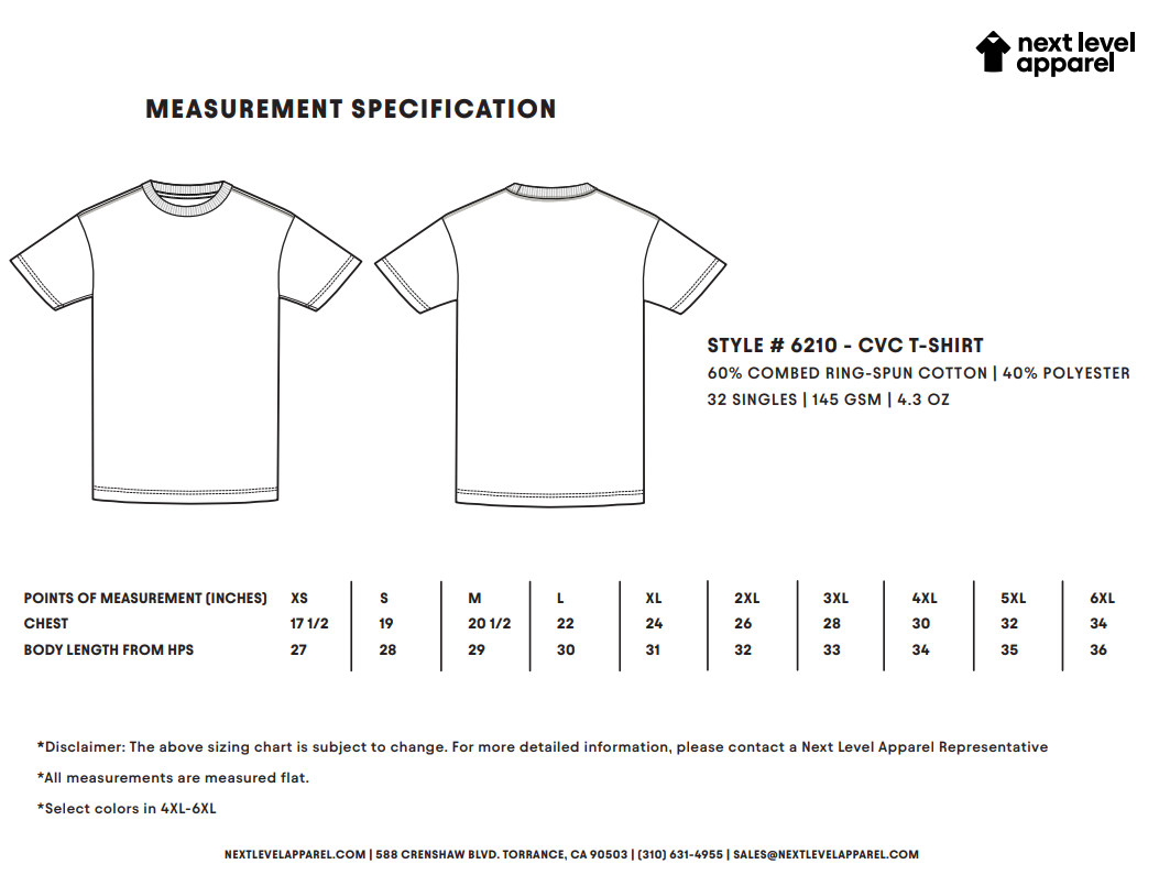 Unmatched Precision T-Shirt - Next Level Apparel #6210 Size Chart